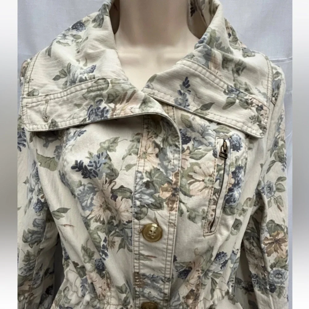 Anthropologie Jacket Women 12 Blue Cream Floral Canvas Coastal Capsule Brunch